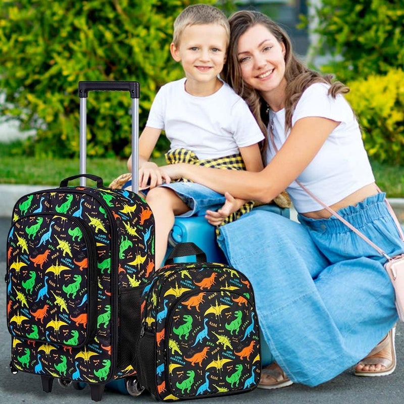 FTJCF Store 2Pcs Dinosaur Suitcase for Boys, 18" Kids Carry on Luggage with Wheels, Cool Travel Rolling Set with 12" Toddler Backpack(Black) - Image 2